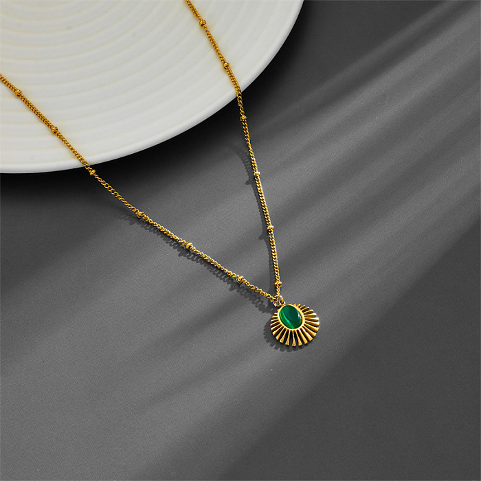 Casual Retro Round Stainless Steel Plating Inlay Malachite 18K Gold Plated Pendant Necklace