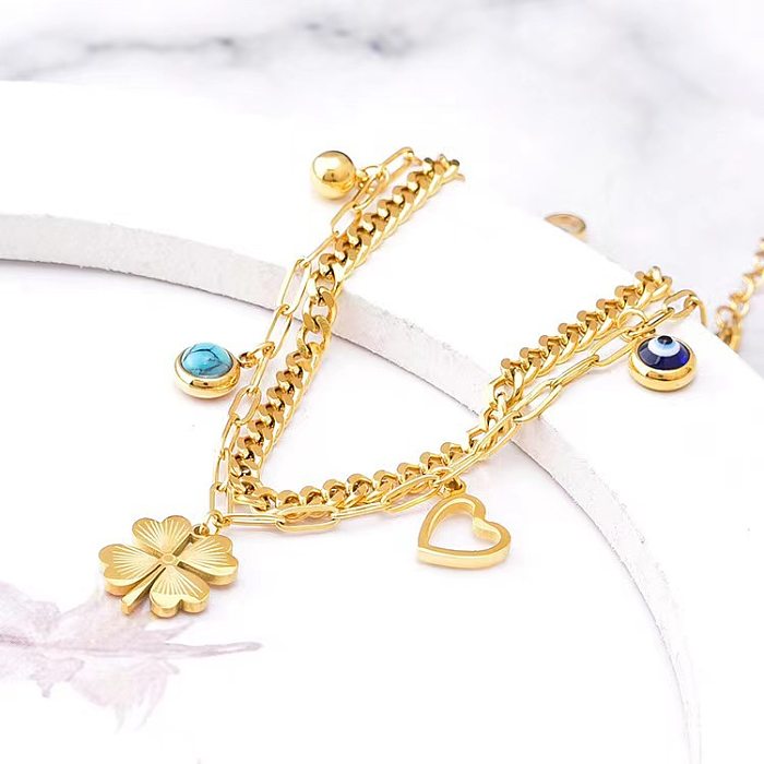 IG Style Vintage Style Four Leaf Clover Eye Titanium Steel Plating Inlay Turquoise Resin 18K Gold Plated Bracelets