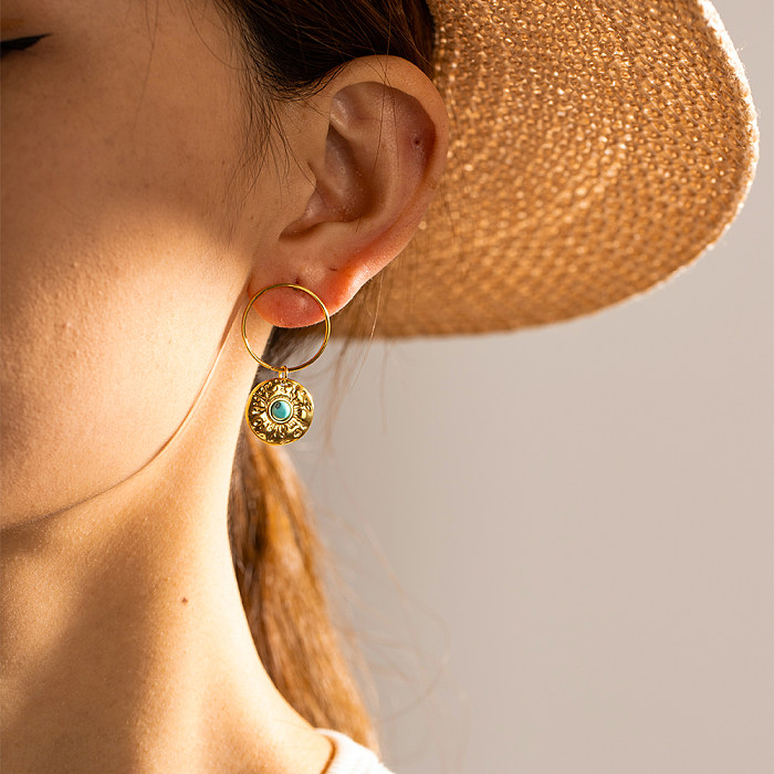 1 Paar IG-Stil-Ohrringe mit einfarbiger Plattierung, plissiertem Edelstahl und Naturstein, 18 Karat vergoldet
