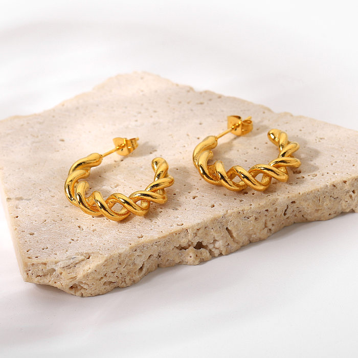 مجوهرات هوب مطلية بالذهب 18 قيراط أقراط مزدوجة الخط متقاطعة ملتوية هندسية على شكل حرف C أقراط من الفولاذ المقاوم للصدأ
