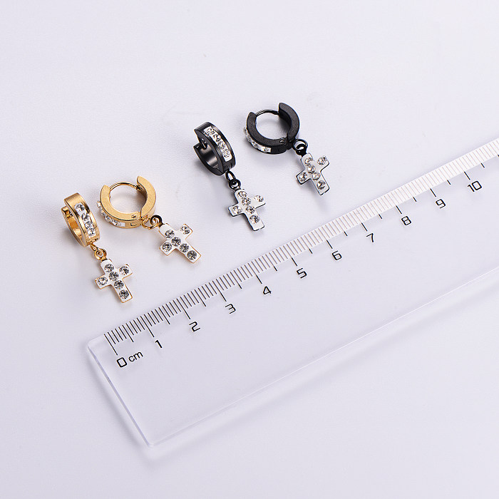 12 Pairs Casual Streetwear Cross Plating Inlay Stainless Steel  Artificial Diamond 18K Gold Plated Drop Earrings