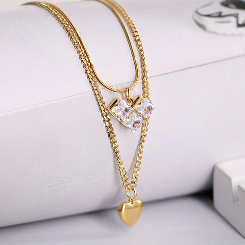 Lady Simple Style Square Heart Shape Stainless Steel Plating Inlay Rhinestones 18K Gold Plated Layered Necklaces