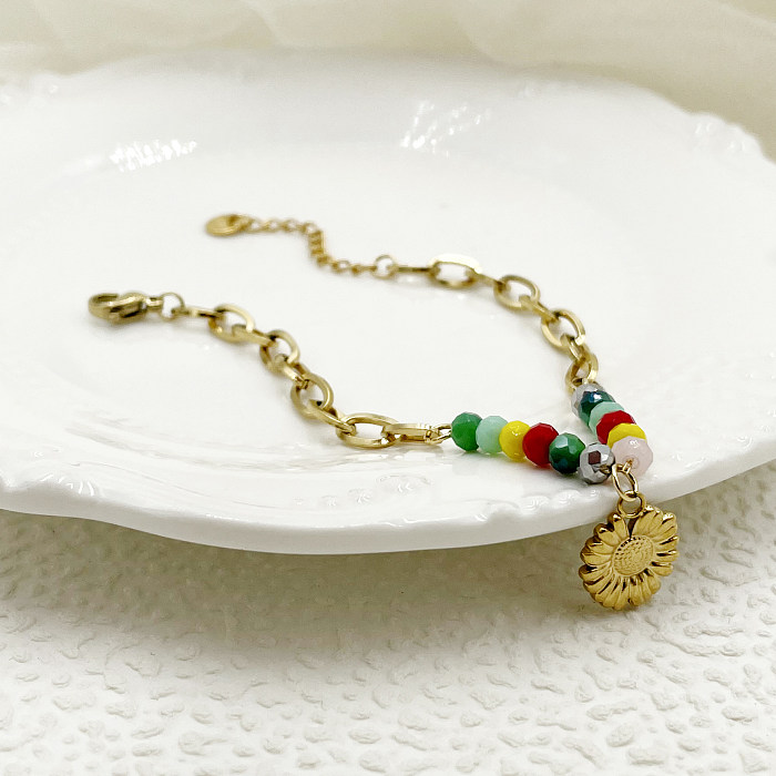 Doce estilo simples flor de aço inoxidável cristal artificial frisado patchwork chapeamento pulseiras banhadas a ouro