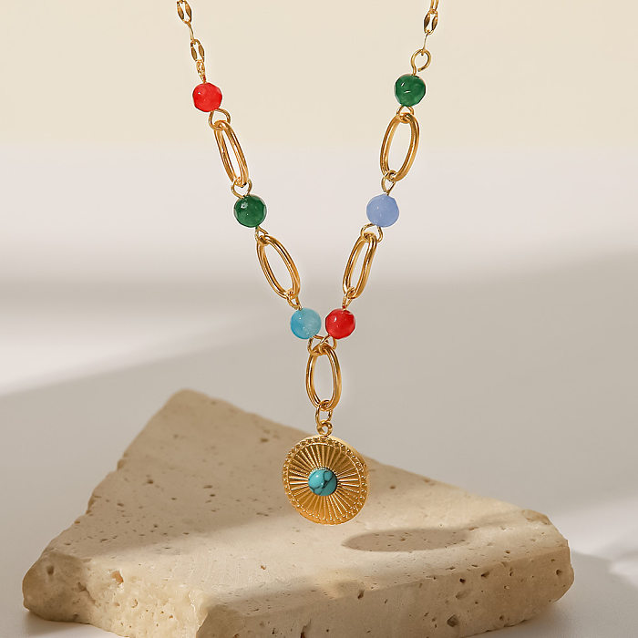Modische Halskette mit rundem Edelstahl-Anhänger, vergoldetes Inlay, türkisfarbene Edelstahl-Halsketten