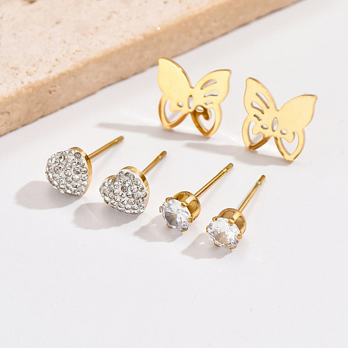 3 paires de clous d'oreilles plaqués or 14 carats, Style Simple, en forme de cœur, incrustation de placage papillon en acier inoxydable et Zircon