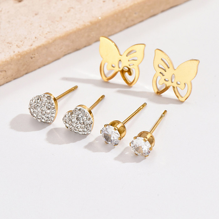 3 pares estilo simples comute formato de coração borboleta chapeamento incrustação de aço inoxidável zircão 14K brincos banhados a ouro