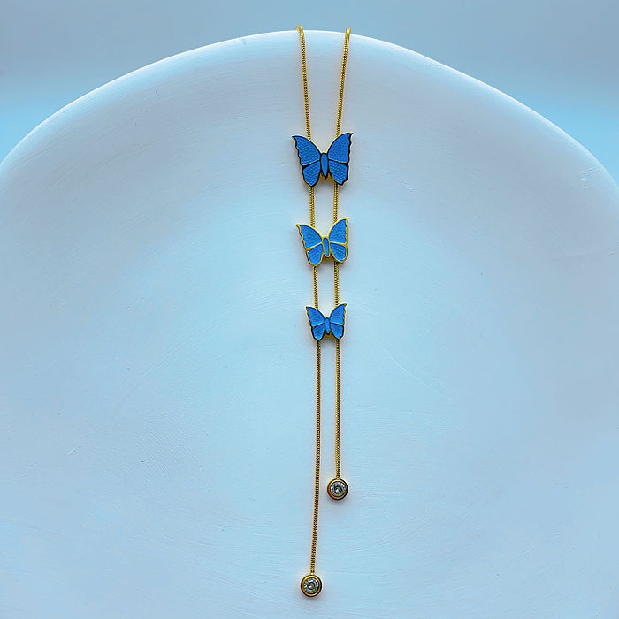 Großhandels-Halskette mit Anhänger im einfachen Stil, Schmetterling, Edelstahl, 18 Karat vergoldet, mit Zirkon