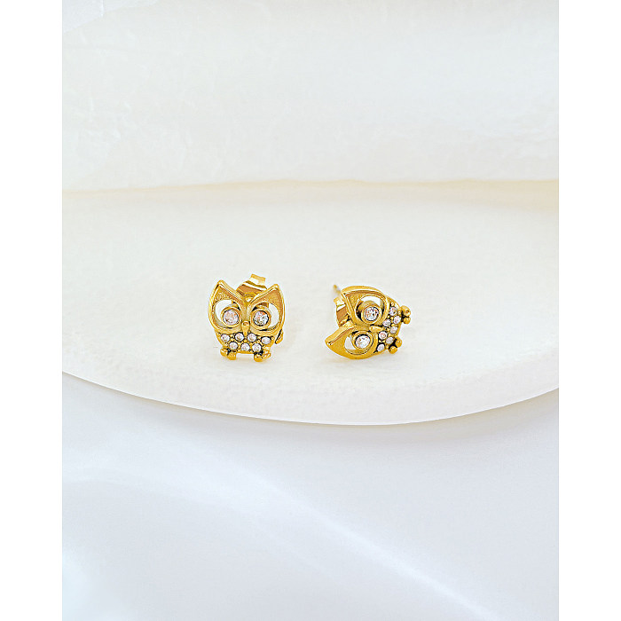 Fashion Owl Stainless Steel  Inlay Zircon Ear Studs 1 Pair