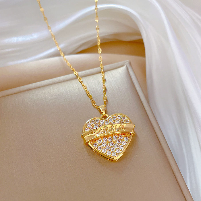 Luxurious Letter Heart Shape Stainless Steel Copper Plating Inlay Zircon Pendant Necklace