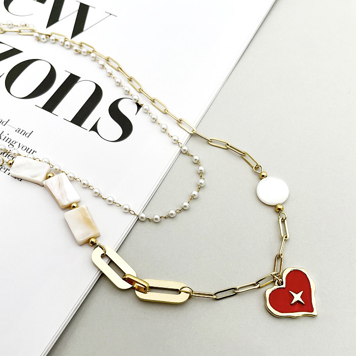 Romantische süße Stern-Herzform-Edelstahl-Emaille-Perlenbeschichtung mit vergoldeten mehrschichtigen Halsketten
