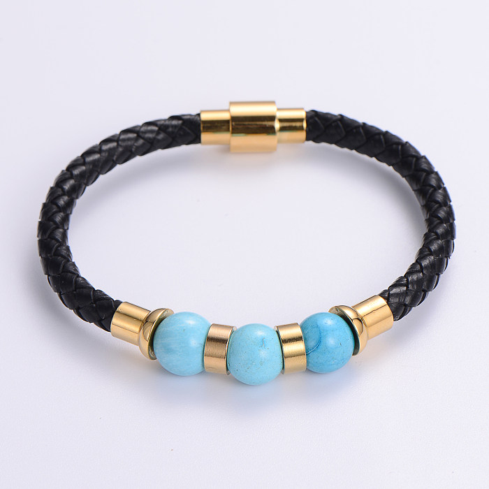 Bracelets multicolores décontractés en acier inoxydable, cuir Pu, pierre naturelle, placage de perles, tresse plaquée or 24 carats