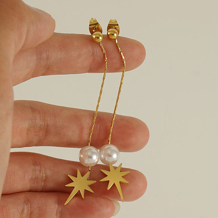 1 par de pendientes colgantes chapados en oro de 18 quilates con incrustaciones de perlas artificiales de acero inoxidable con forma de estrella elegante