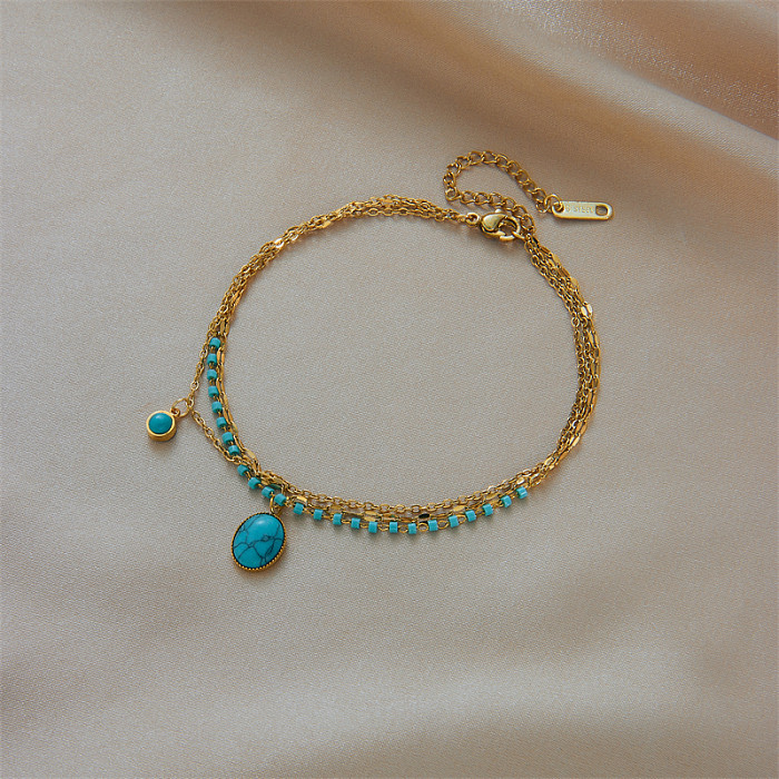 Bracelets ovales rétro en acier titane avec incrustation de couches turquoise 1 pièce