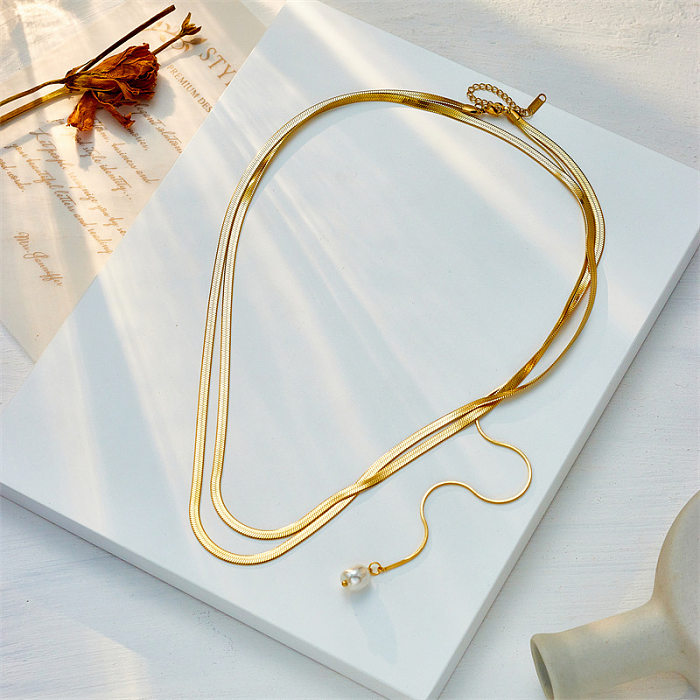 Elegant Geometric Stainless Steel Inlay Artificial Pearls 18K Gold Plated Layered Necklaces