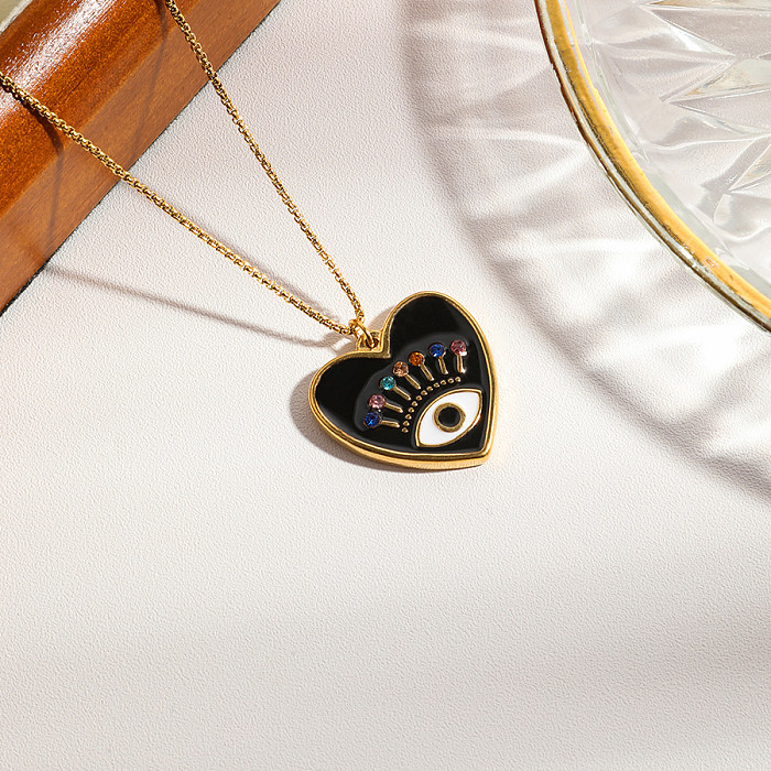 Sweet Artistic Heart Shape Eye Stainless Steel  Enamel Zircon Pendant Necklace