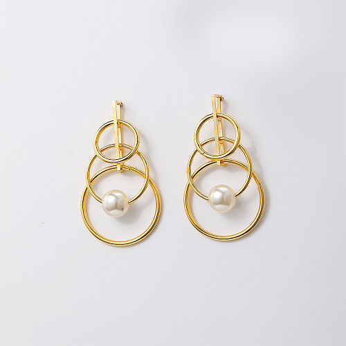 1 par de pendientes colgantes con revestimiento de perlas en capas de acero inoxidable circulares a la moda
