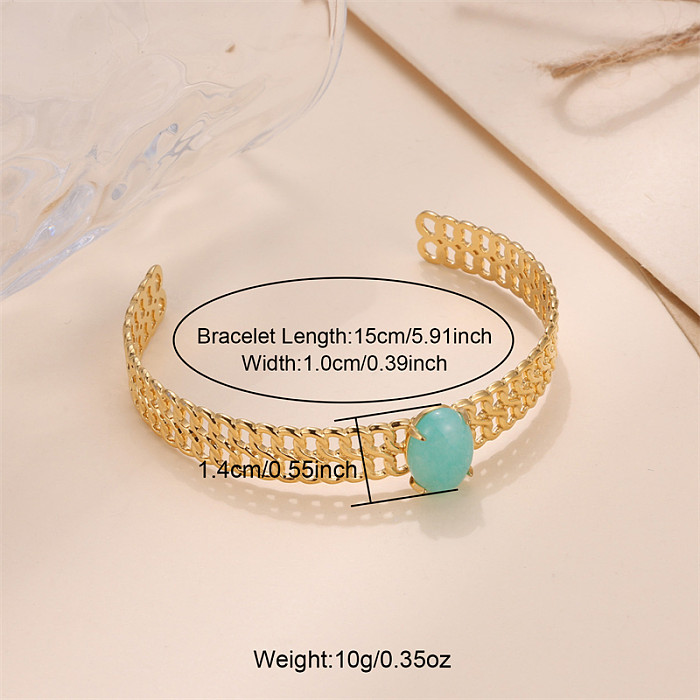 Lady Solid Color Stainless Steel Plating Inlay Natural Stone Gold Plated Bangle