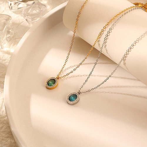 Casual Simple Style Oval Stainless Steel Inlay Gem Rhinestones Pendant Necklace