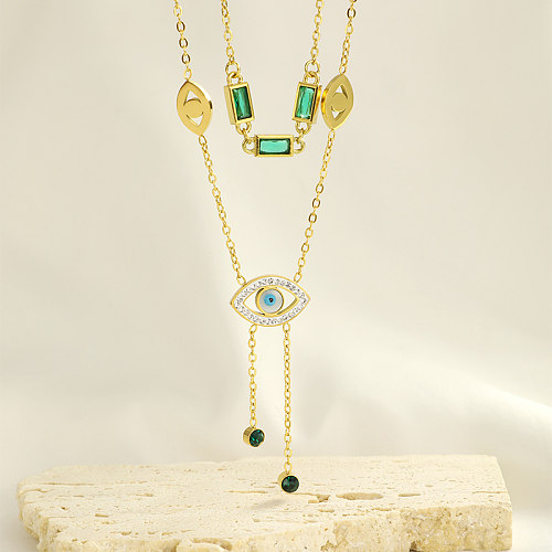 Schlichte, glänzende Palmen-Edelstahl-Halsketten mit 18 Karat vergoldetem Zirkon und zweilagigen Halsketten in großen Mengen