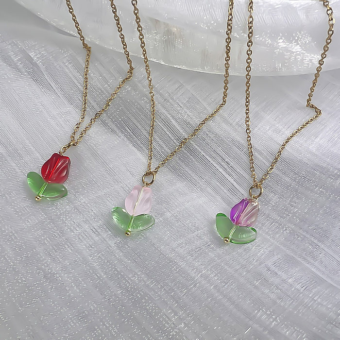Elegant Flower Stainless Steel  Glass Pendant Necklace