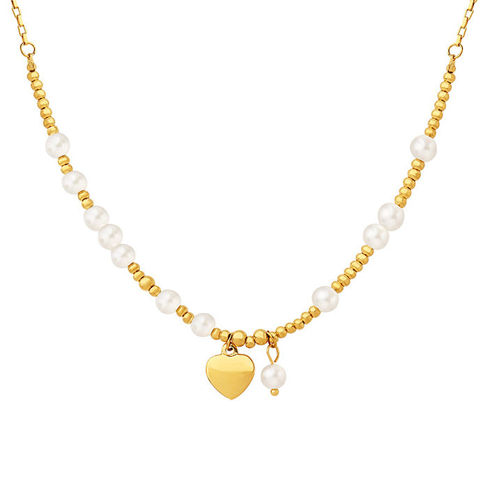 Retro Heart Shape Stainless Steel Inlay Artificial Pearls Necklace 1 Piece
