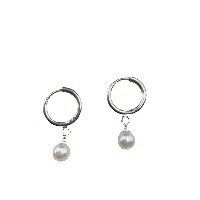 1 Pair Elegant Simple Style Round Plating Inlay Stainless Steel Pearl Drop Earrings