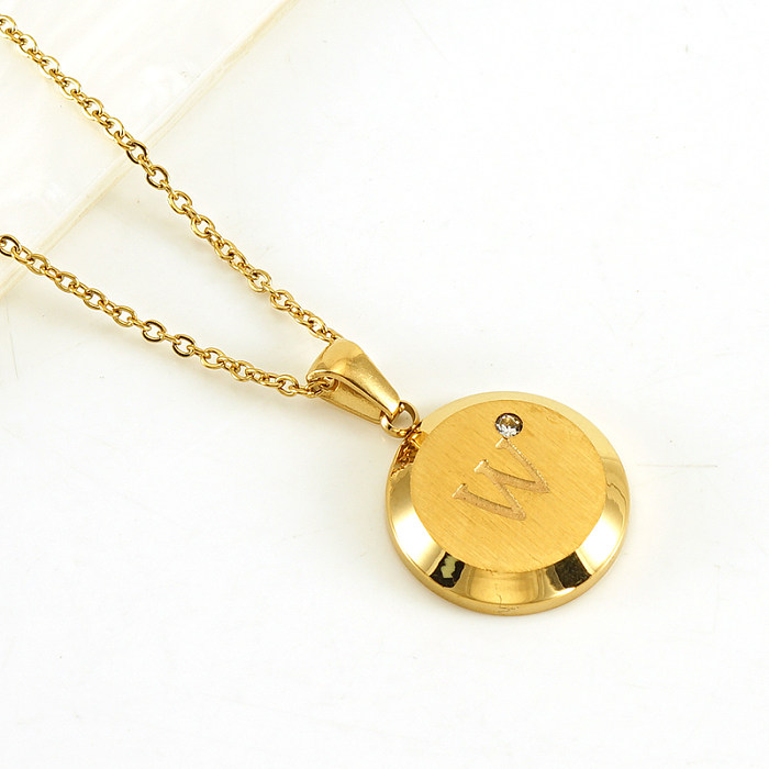Fashion Round Letter Stainless Steel  Stainless Steel Inlay Zircon Pendant Necklace 1 Piece