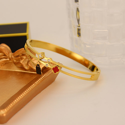Glam Flower Lock Titanium Steel 18K Gold Plated Shell Zircon Bangle In Bulk