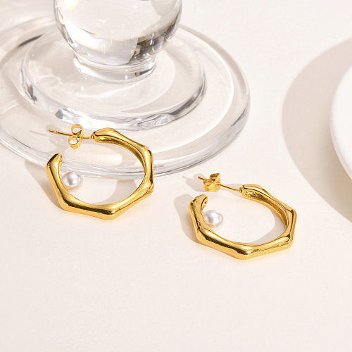 Pendientes de aro de perlas artificiales con incrustaciones de acero inoxidable de color sólido de estilo simple