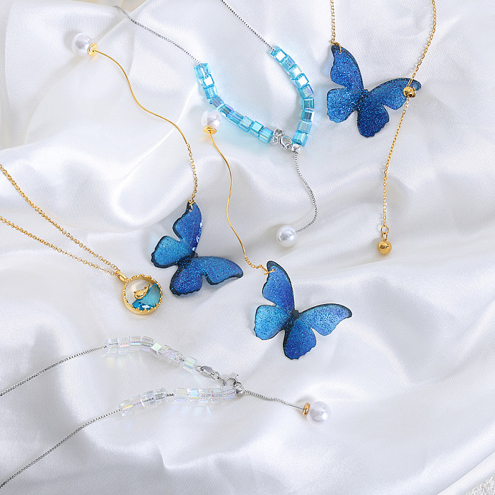 Sweet Artistic Butterfly Stainless Steel Copper Beaded Plating 18K Gold Plated Pendant Necklace