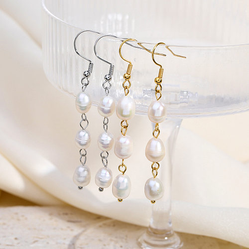 1 Pair Lady Romantic Water Droplets Beaded Plating Stainless Steel  Freshwater Pearl 18K Gold Plated Drop Earrings Ear Hook