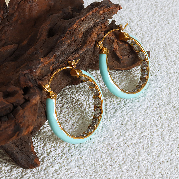 1 Pair Sweet Simple Style U Shape Solid Color Enamel Plating Inlay Stainless Steel Zircon 18K Gold Plated Hoop Earrings