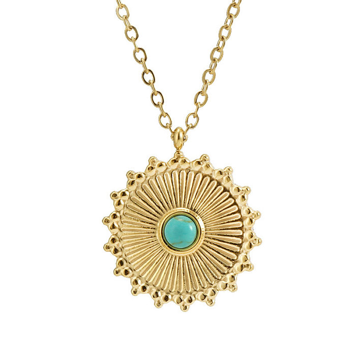 Retro Round Stainless Steel  Inlay Turquoise Pendant Necklace 1 Piece