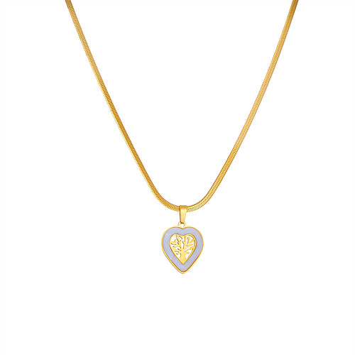 Elegant Tree Heart Shape Stainless Steel Hollow Out Zircon Gold Plated Pendant Necklace