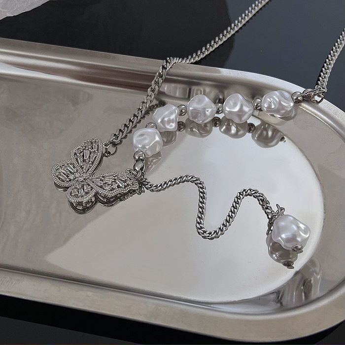 Nouveau Collier en acier inoxydable avec chaîne de couture de perles courtes papillon en Zircon