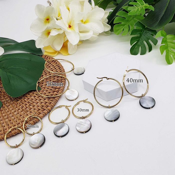 1 Pair Ethnic Style Simple Style Round Stainless Steel  Shell Patchwork Earrings