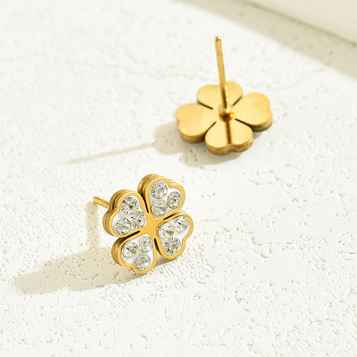 1 Pair Sweet Classic Style Four Leaf Clover Plating Inlay Stainless Steel  Rhinestones 18K Gold Plated Ear Studs