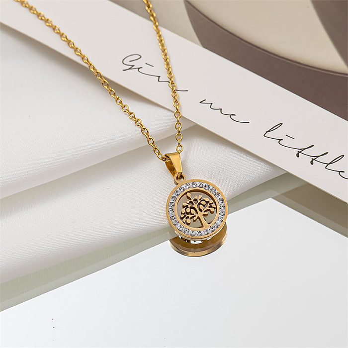 1 Piece Fashion Circle Tree Heart Shape Stainless Steel Plating Hollow Out Inlay Rhinestones Pendant Necklace