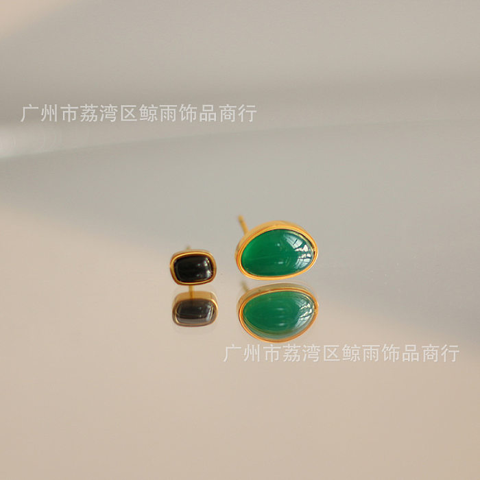 Collier et boucles d'oreilles rétro en Agate verte, pendentif irrégulier en acier inoxydable
