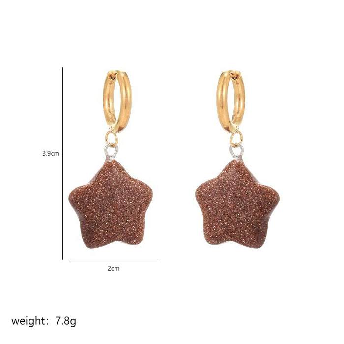 Boucles d'oreilles pendantes classiques rétro, 1 paire, incrustation d'étoiles en acier inoxydable, pierre naturelle plaquée or 18 carats