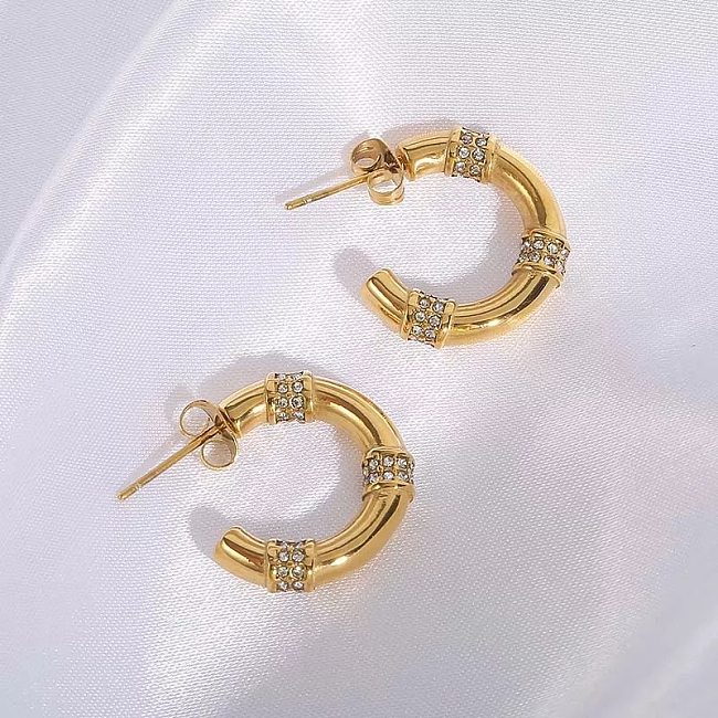 1 paire de boucles d'oreilles rondes en acier inoxydable, Style moderne, incrustation de Zircon plaqué or 18 carats