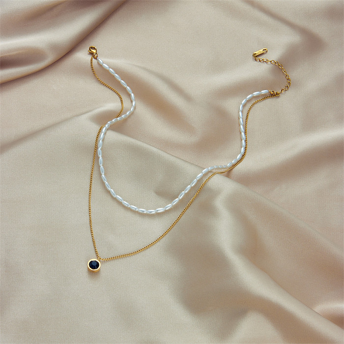 Collares en capas chapados en oro de 18K con incrustaciones de circonio chapado en acero inoxidable con perlas de imitación geométricas de estilo francés Retro