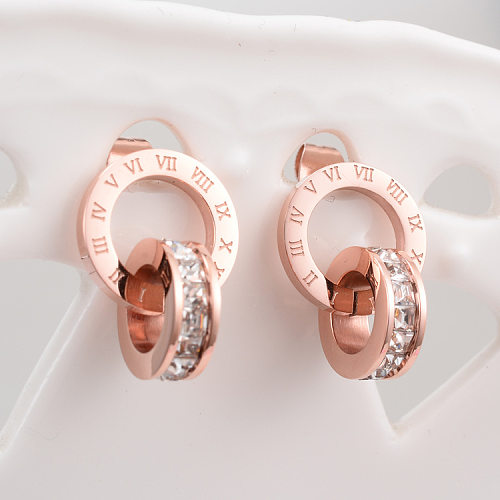 Pendientes coreanos de acero inoxidable con doble anillo y números romanos de diamantes cuadrados pequeños