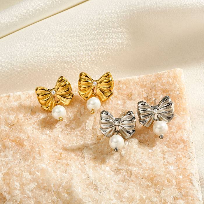 1 Pair IG Style Sweet Bow Knot Plating Inlay Stainless Steel Pearl Earrings