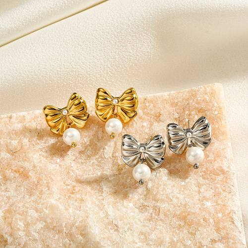 1 paire de boucles d'oreilles en perles d'acier inoxydable, Style IG, avec incrustation de placage de nœud papillon doux