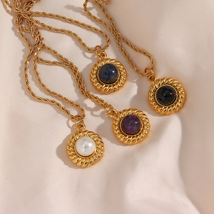 Einfache Halskette im klassischen Vintage-Stil mit runder Edelstahlbeschichtung und Naturstein-Einlage, 18 Karat vergoldet
