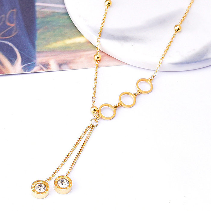 Vintage Style Round Tassel Stainless Steel  Plating Inlay Zircon 18K Gold Plated Pendant Necklace