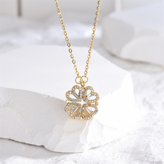 Elegant Luxurious Four Leaf Clover Heart Shape Stainless Steel Polishing Plating Inlay Rhinestones 18K Gold Plated Pendant Necklace
