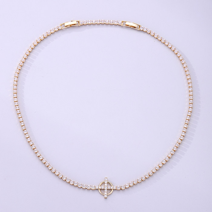 Elegante Streetwear-Kreuz-Anhänger-Halskette mit rundem Edelstahlüberzug und Inlay aus Zirkon 18 Karat vergoldet