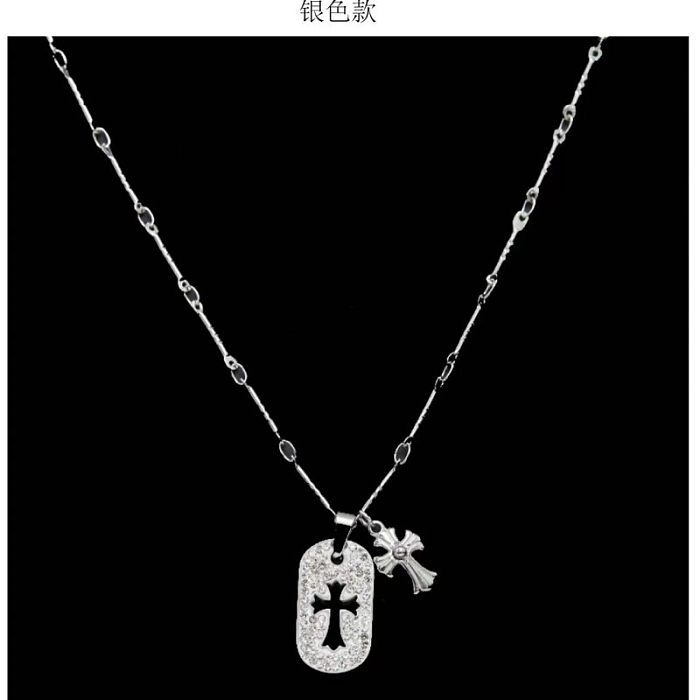 Streetwear Cross Stainless Steel Plating Inlay Artificial Diamond Pendant Necklace